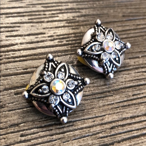 Vintage Round Clip Earrings with Rhinestone Center - Picture 3 of 12